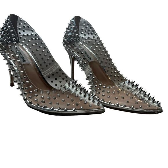 Revolve Steve Madden Luiza Vala Studded Clear Pointed toe Stiletto Heels Silver - Picture 8 of 12